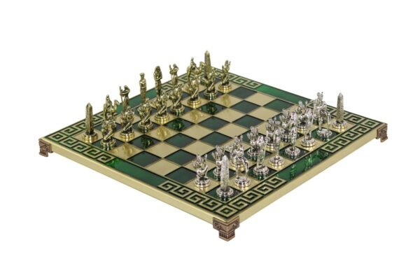 Green Metal Chess Set With Egyptian Chess Pieces 13 Inch - Image 2
