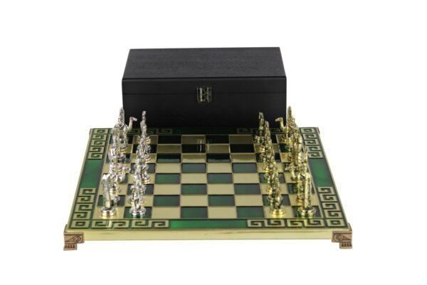 Green Metal Chess Set With Egyptian Chess Pieces 13 Inch