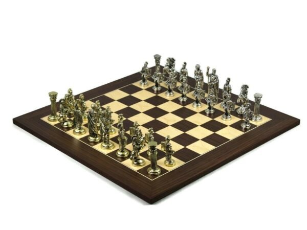 Metal Range Wooden Chess Set Macassar & Maple Board 20'' Roman Metal Pieces 3.8''