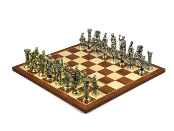 Metal Range Chess Set Mahogany & Maple Board 18'' With Roman Metal Chess Pieces 3.8''