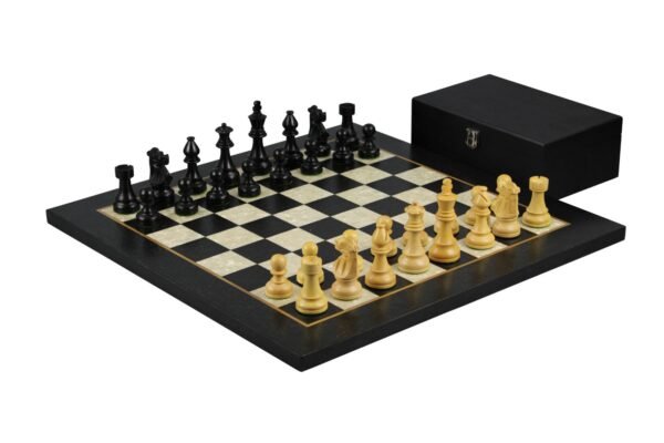 Ebony Chess Set With Helena Mother of Pearl Flat Chess Board and Weighted Ebonised French Knight Staunton Chess Pieces 3.75 Inch