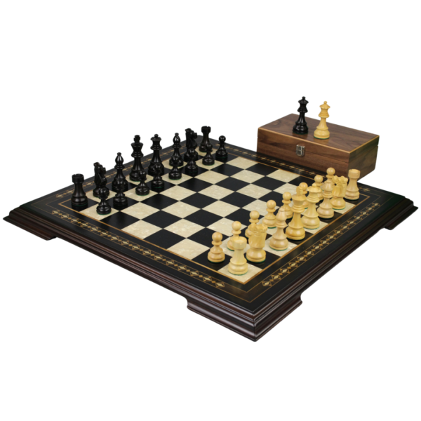 Ebony Chess Set 20 Inch with Helena Chess Board and Weighted Ebonised French Knight Staunton Chess Pieces 3.75 Inch