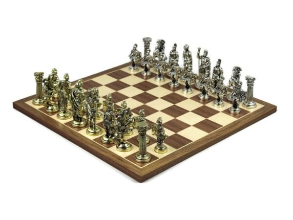 Metal Range Chess Set Walnut & Maple Board 20'' With Roman Metal Chess 3.8''