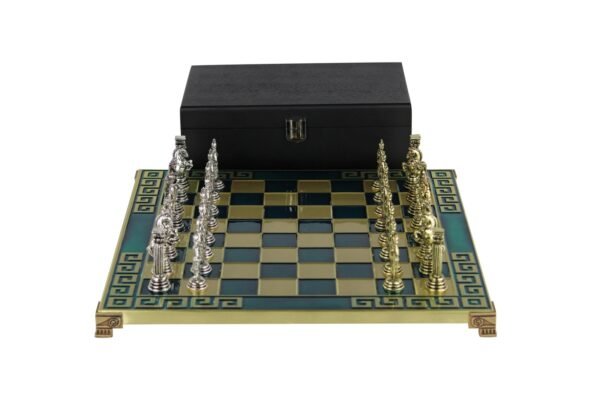 Blue Metal Chess Set With Athena Chess Pieces 13 Inch