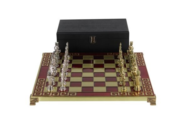 Red Metal Chess Set With Athena Chess Pieces 13 Inch
