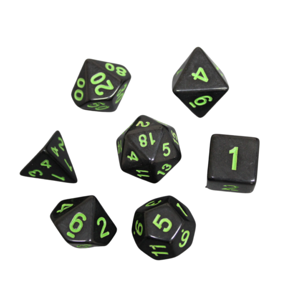 Midnight Black & Neon Green Marbled DND Dice Set, 7 Piece Dice Set, Roll Playing Game Dice with Dice Bag