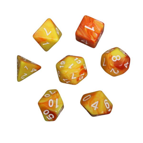 Fire Orange & Yellow Marbled DND Dice Set, 7 Piece Dice Set, Roll Playing Game Dice with Dice Bag