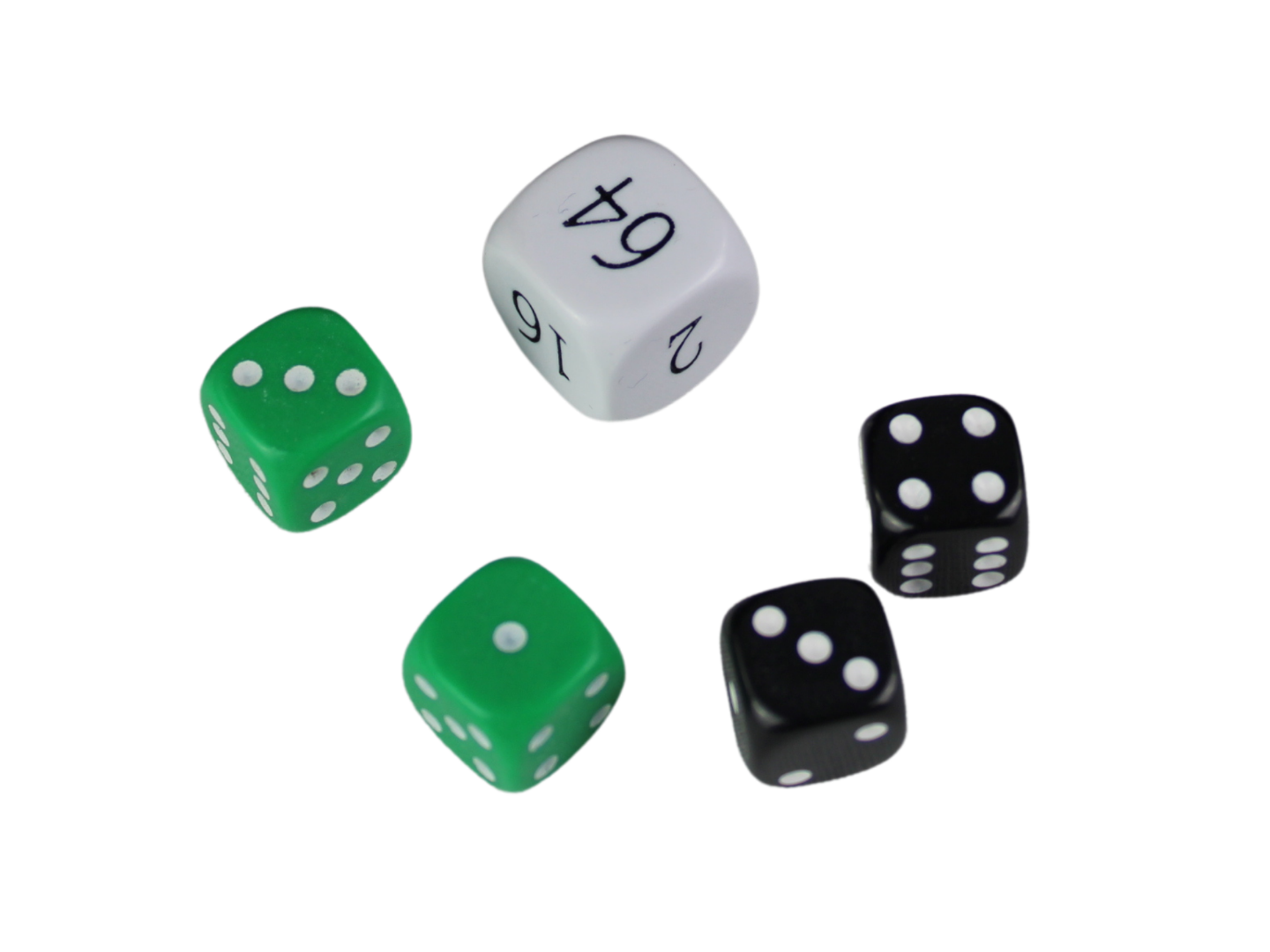 Replacement Backgammon Dice Set - White Doubling Cube - Black & Green Dices
